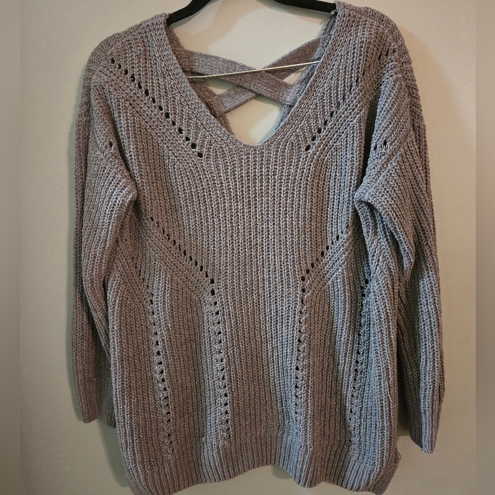 Pink Rose Grey Medium Oversized  V-Neck Sweater Winter Warm Cozy Knit